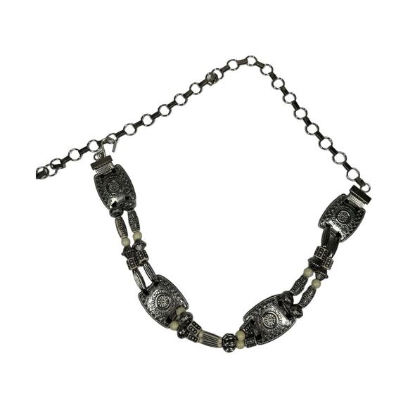 Vintage Western Beaded Medallion Concho Chain Belt Silver Tone Cream Festival main image 9